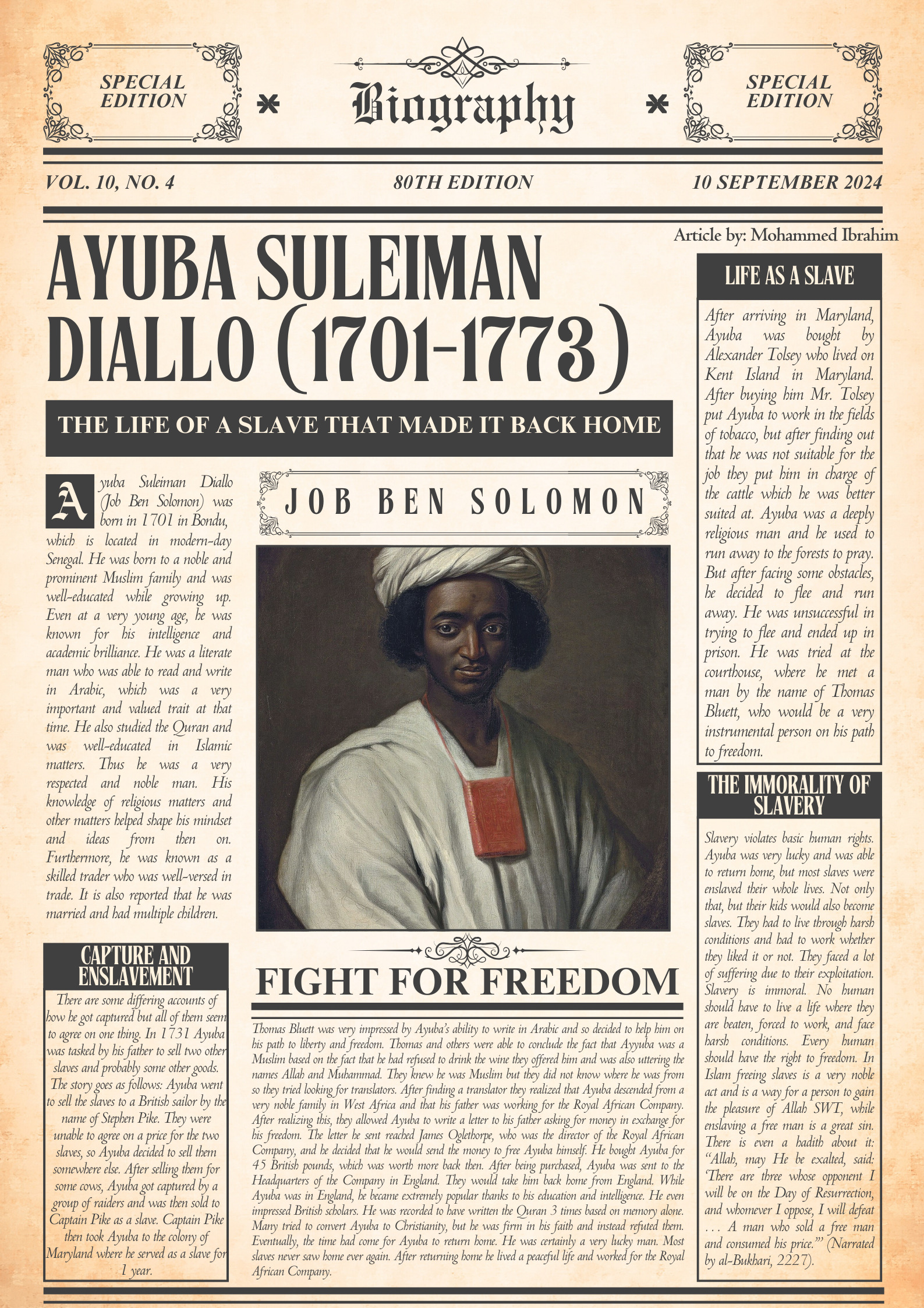 A biography-style document detailing the life of Ayuba Suleiman Diallo, also known as Job Ben Solomon, a former enslaved man who regained his freedom. Includes an illustration of Diallo, text about his life, enslavement, and achievements, as well as sections on the immorality of slavery.